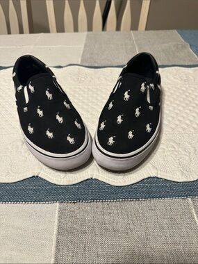 Ralph Lauren Black Canvas Slip-On Sneakers with White Polo Logos